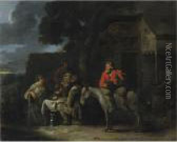 Peasants Outside An Inn Oil Painting - Sebastian Bourdon