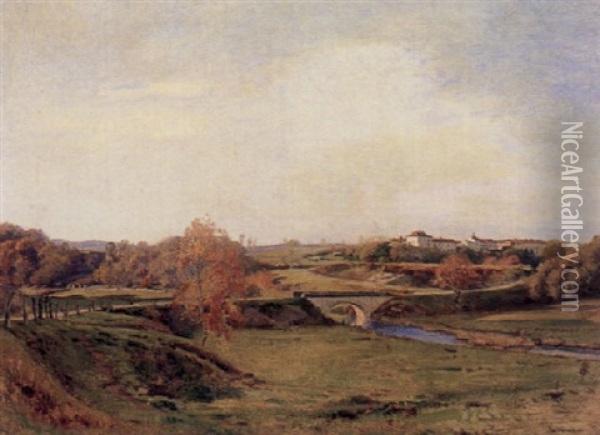 A View Of A Village In An Extensive Landscape Oil Painting - Jean Ferdinand Monchablon