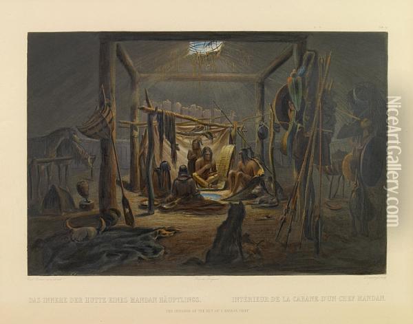 The Interior Of The Hut Of A Mandan Chief, Pl. 19, From Travels In The Interior Of North America Oil Painting - Karl Bodmer