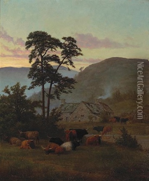 Cattle Resting In A Mountainous Landscape, A Farm Beyond Oil Painting - William Sidney Cooper