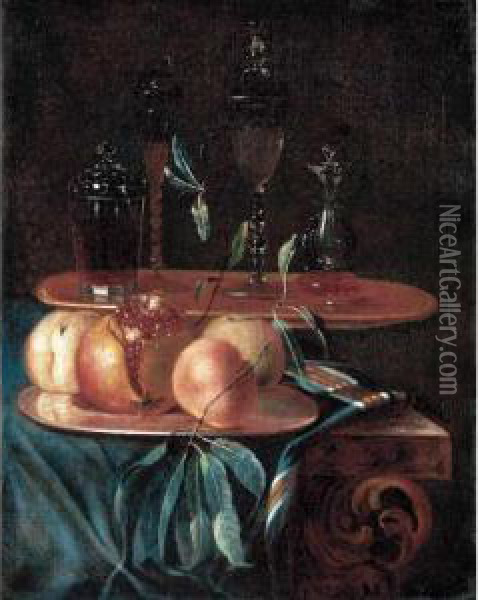 A Still Life Of Peaches, A 
Pomegranate On A Pewter Plate, Together With Various Glasses On A Table 
Draped With A Blue Velvet Cloth Oil Painting - Christian Berentz