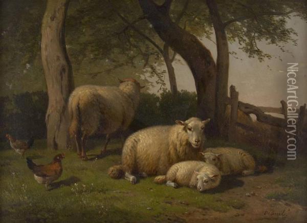 Moutons Et Poules A La Barriere Oil Painting - Beul Henry De