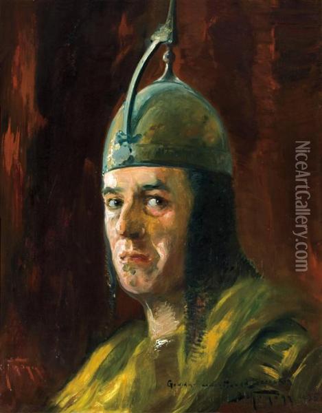 Self Portrait With Iron Helmet Oil Painting - Adolf, Abraham Behrman