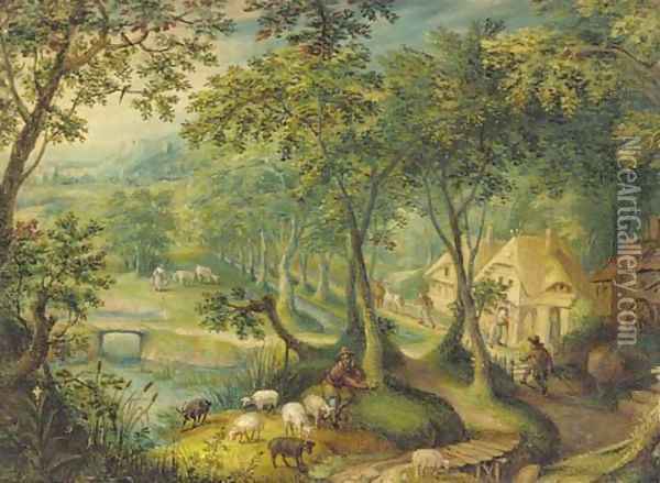 A wooded landscape with a shepherd and sheep on a track with figures before cottages beyond Oil Painting - Hans Bol