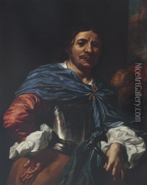 Portrait Of An Officer Holding An Axe In One Hand Oil Painting - Nicolas Regnier