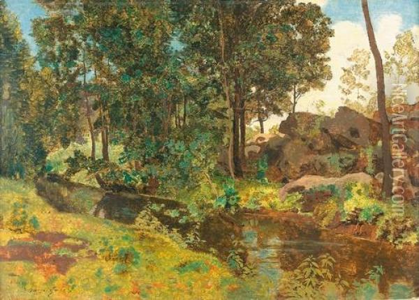 Sommerliche Waldpartie Mit Bach. Oil Painting - Henri-Joseph Harpignies