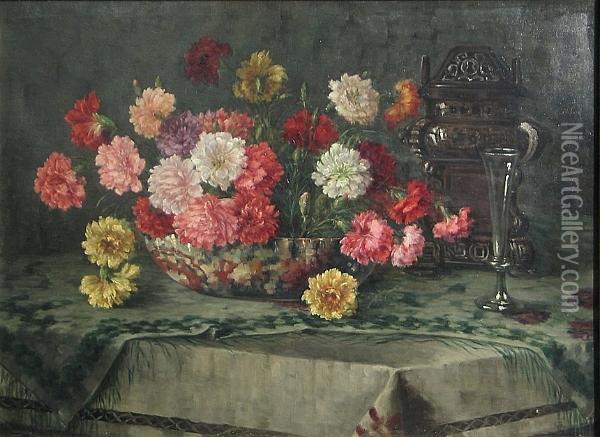 A Still Life With Carnations In A Bowl, An Asian Censer And A Glass Oil Painting - Franz Sablitzky