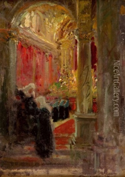 Klosterschwestern Beim Gebet In Der Kirche Oil Painting - Horazio Gaigher