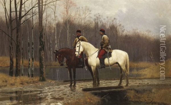 Zwei Kosaken Zu Pferde Oil Painting - Waldemar Los