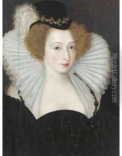 Portrait of a lady, bust-length, in a black jewelled hat and a white ruff Oil Painting - Frans, the Elder Pourbus