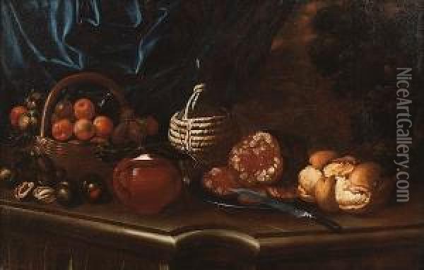 Peaches, Figs And Apples In A 
Basket, An Earthenware Jar, Salame On A Pewter Plate With A Knife, A 
Bottle And Bread On A Stone Ledge, A View To A Landscape Beyond Oil Painting - Cristoforo Munari