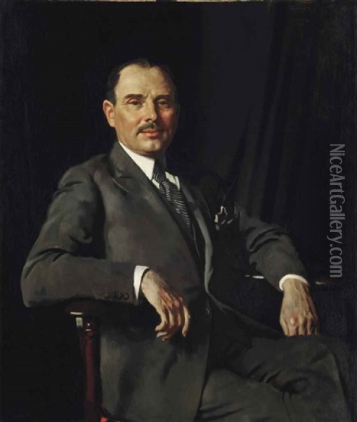Portrait Of Sir Louis Bernhard Baron, Seated Three-quarter Length In A Grey Suit Oil Painting - Sir William Orpen