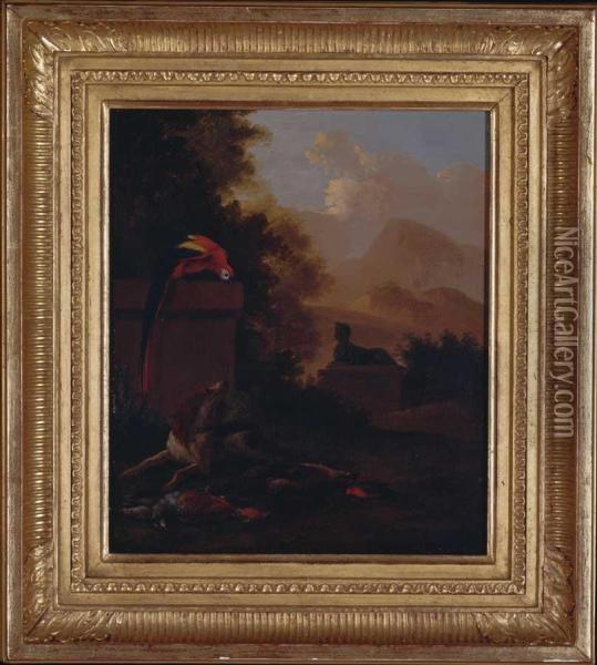 Southern Landscape With A Parrot A Spaniel And Dead Game Oil Painting - Nicolas Arnault