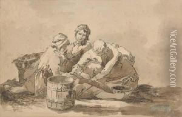 Three Resting Peasant Women With Baskets Oil Painting - Jean-Baptiste-Simeon Chardin