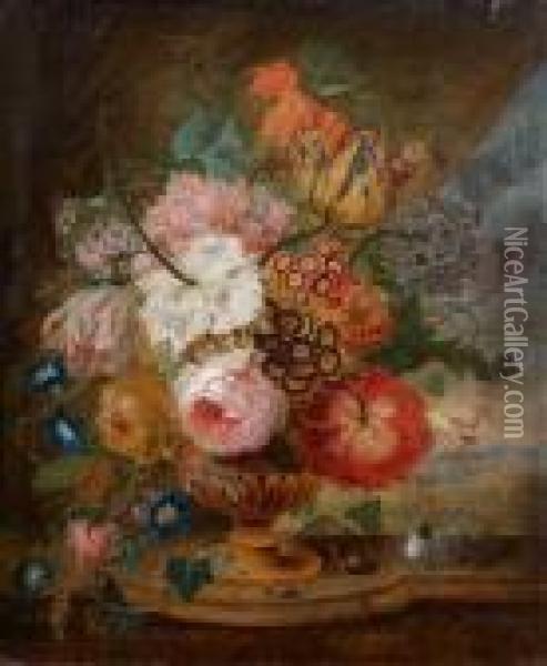 Bouquet De Fleurs Dans Un Vase A Godrons Mis Sur Un Entablement Devant Un Paysage Oil Painting - Willem van Leen