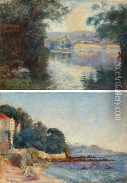 Bridge Over A River And Villa By The Sea (pair) Oil Painting - Frank Charles Peyraud