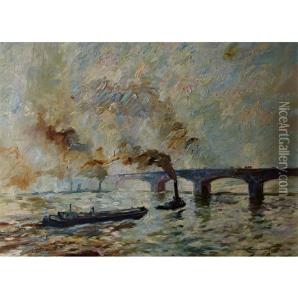 Dampfer Und Frachtschiff Vor Einer Flussbrucke Oil Painting - Harry (Heinrich) Heusser