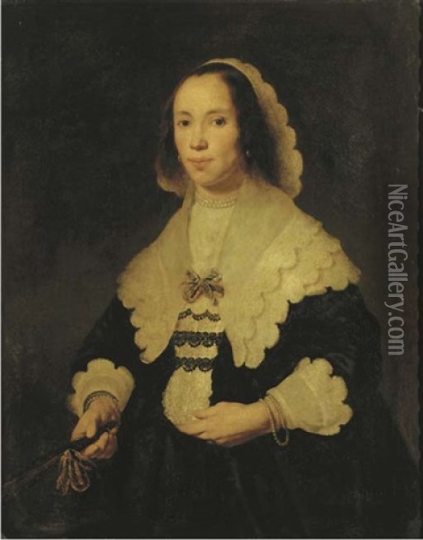 Portrait Of A Lady In A Black Dress, With Lace Cuffs And Collar, Holding A Fan In Her Left Hand Oil Painting - Bartholomeus Van Der Helst