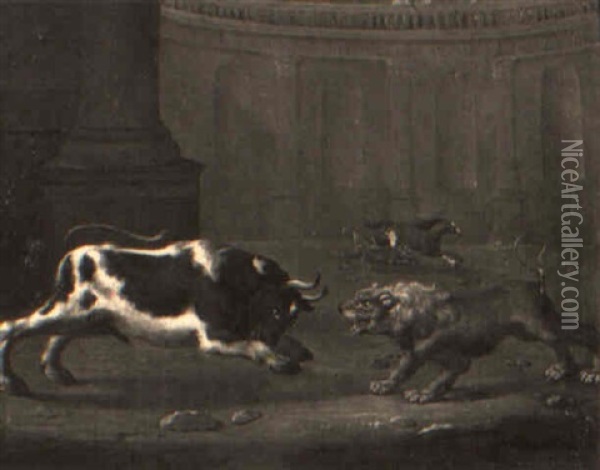 Lucha Entre Un Toro Y Un Leon Oil Painting - Pieter van Bloemen