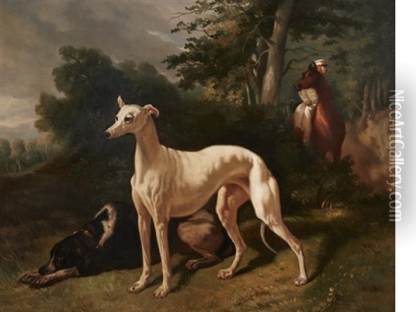 Hounds In A Wooded Landscape Oil Painting - Alfred De Dreux