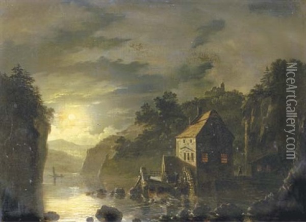 A Watermill By Moonlight Oil Painting - Hendrik Gerrit ten Cate