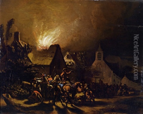 Marodeure Vor Einem Brennenden Dorf Oil Painting - Egbert Lievensz van der Poel