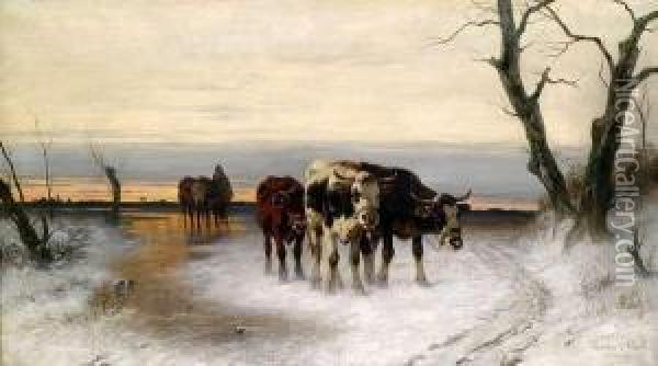Cattle Drive In A Wintry Landscape Oil Painting - Christian Friedrich Mali