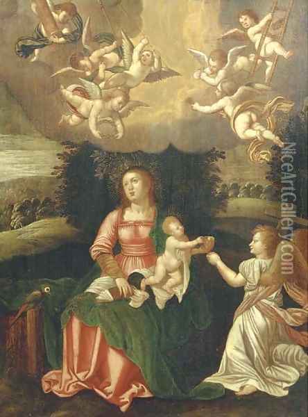 The Virgin and Child with angels holding the tools of The Passion Oil Painting - Hendrik van Balen