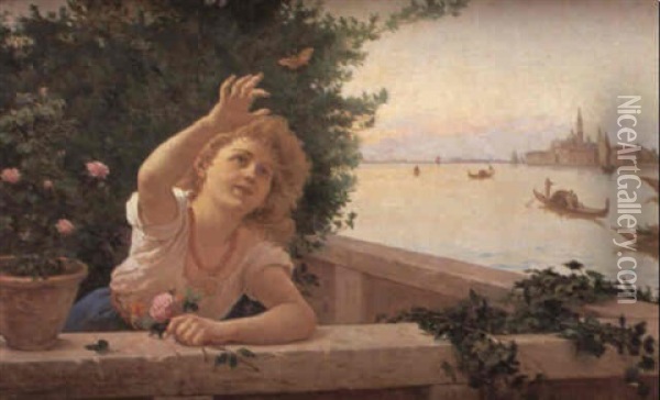 Girl On A Terrace Overlooking San Giorgio Maggiore Oil Painting - Antonio Ermolao Paoletti