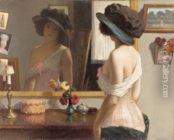 Jeune Fille En Guepiere Au Miroir Oil Painting - Gustave Poetzsch