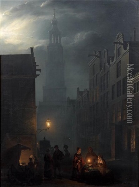 Scene De Marche Nocturne A Amsterdam Oil Painting - Petrus van Schendel