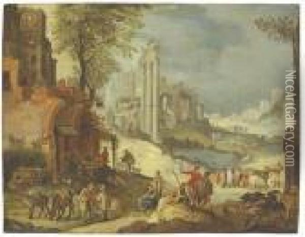 Figures Resting By An Inn, A 
Capriccio Of Roman Ruins Including Thetemple Of Castor And Pollux Beyond Oil Painting - Paul Bril