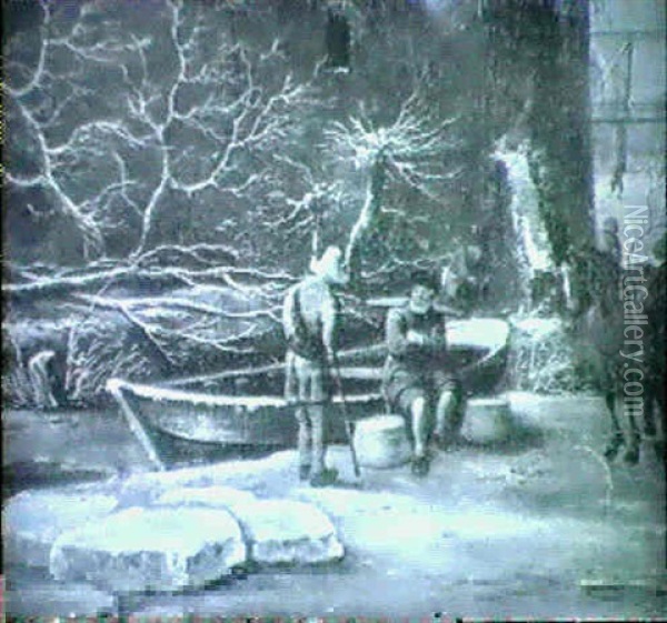 Vinterlandskap Med Figurer Vid Roddbat Oil Painting - Nicolaes Molenaer