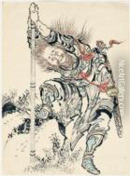 Dessin: Guerrier Chinois Plantant Une Lance Oil Painting - Katsushika Ii Taito