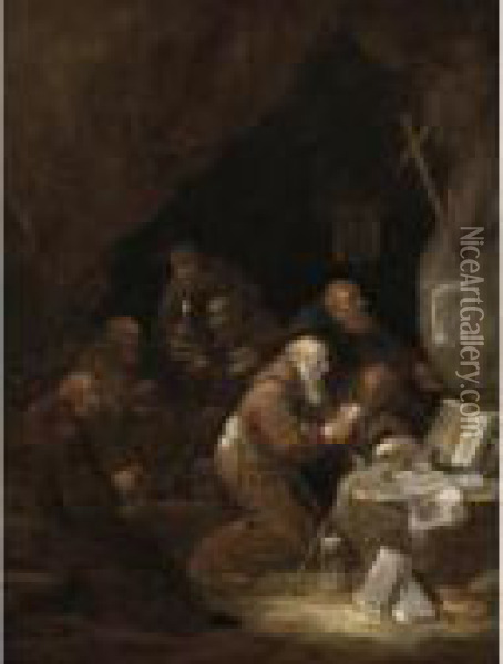 A Group Of Hermit Monks In A Grotto Oil Painting - Maarten Van Heemskerck