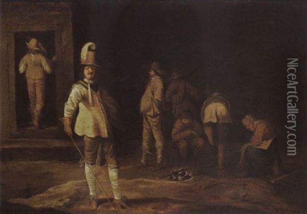 A Kortegaardje, Soldiers And Peasants Gathered Around A Fire In A Barn Oil Painting - Pieter Jansz Quast