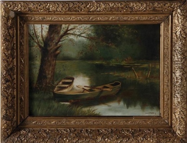 Boats Along Riverbank Oil Painting - George Henry Smillie