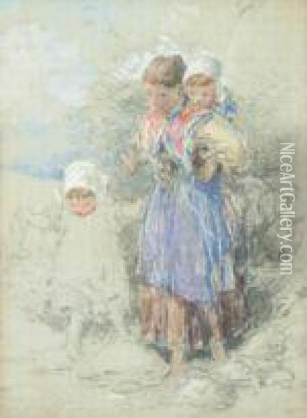 Study Of Awoman Carrying A Child Oil Painting - Myles Birket Foster