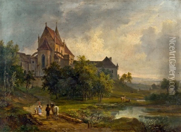 Romantische Landschaft Mit Kirche Am Fluss Oil Painting - Ludwig Georg Eduard Halauska