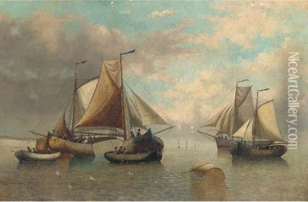 Fishing Vessels On Calm Waters Oil Painting - J.J. Everard