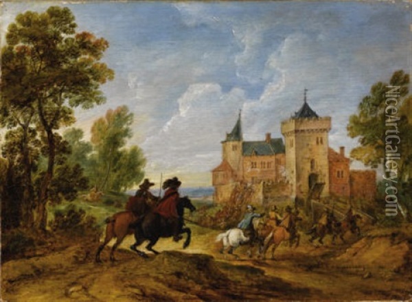 Horsemen In A Landscape Oil Painting - Adam Frans van der Meulen