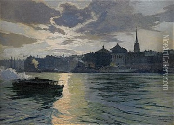 Stockholmsmotiv Mot Skeppsbron, Aftonstamning Oil Painting - John Nystrom