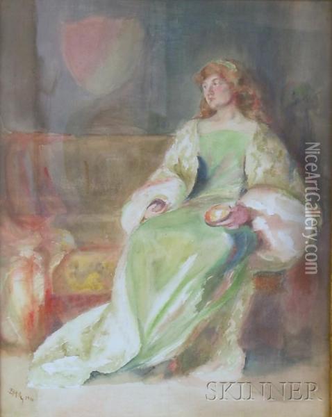 Woman In A Green Dress. Oil Painting - Edwin Austin Abbey