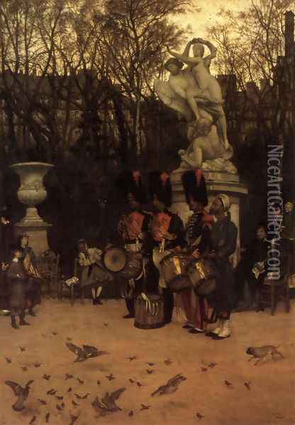 Beating The Retreat In The Tuileries Gardens Oil Painting - James Jacques Joseph Tissot