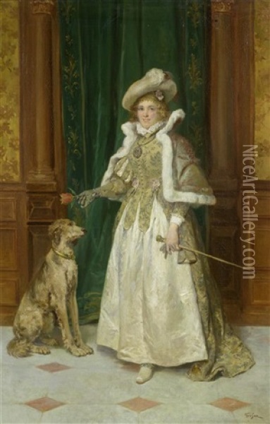 Elegant Gekleidete Frau Mit Hund Und Tulpe Oil Painting - Francois Adolphe Grison