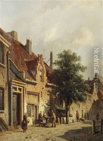A Sunlit Street With Figures Oil Painting - Adrianus Eversen