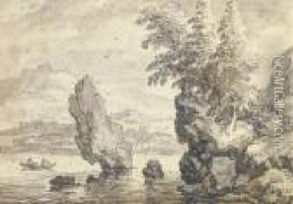 A Rocky Coastal Landscape With Pine Trees, Figures In A Rowing Boatbeyond Oil Painting - Allart Van Everdingen