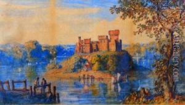 Lakeland Scene With Castle And Figures Oil Painting - John Joseph Cotman