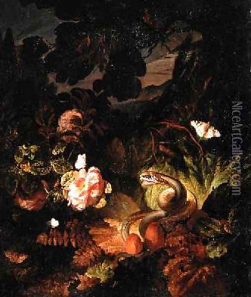 Flowers Snake and Butterflies Oil Painting - Otto Marseus van Schrieck