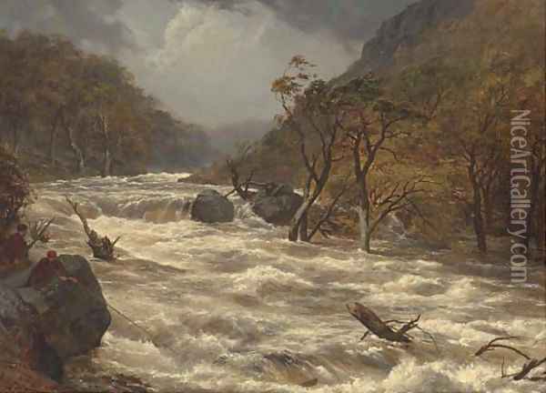 The Lludwy in full spate, North Wales Oil Painting - Edmund Gill